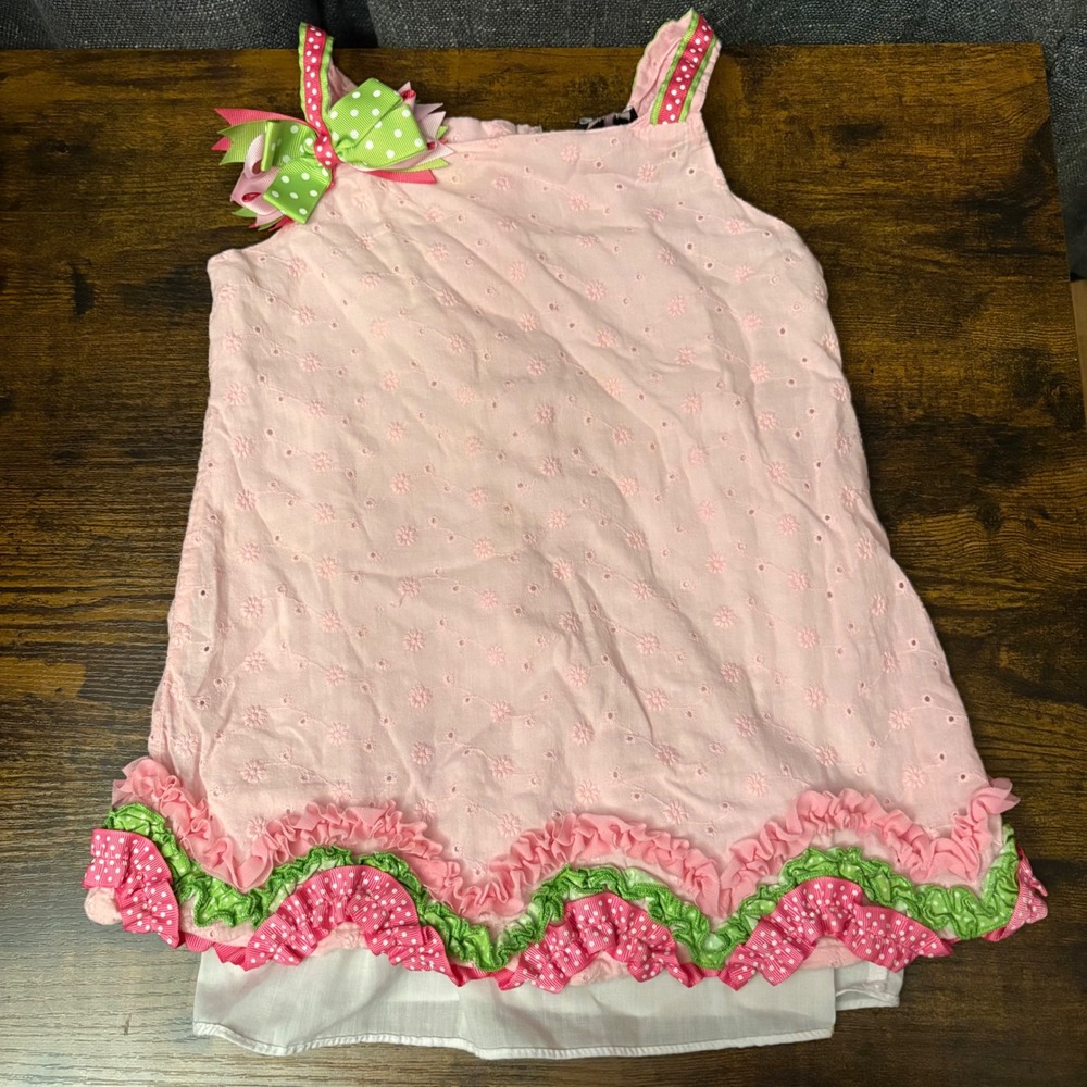 Rare Editions Pink Eyelet Sleeveles Dress/Shirt Ruffle Trimβ Bow (Girls 6)